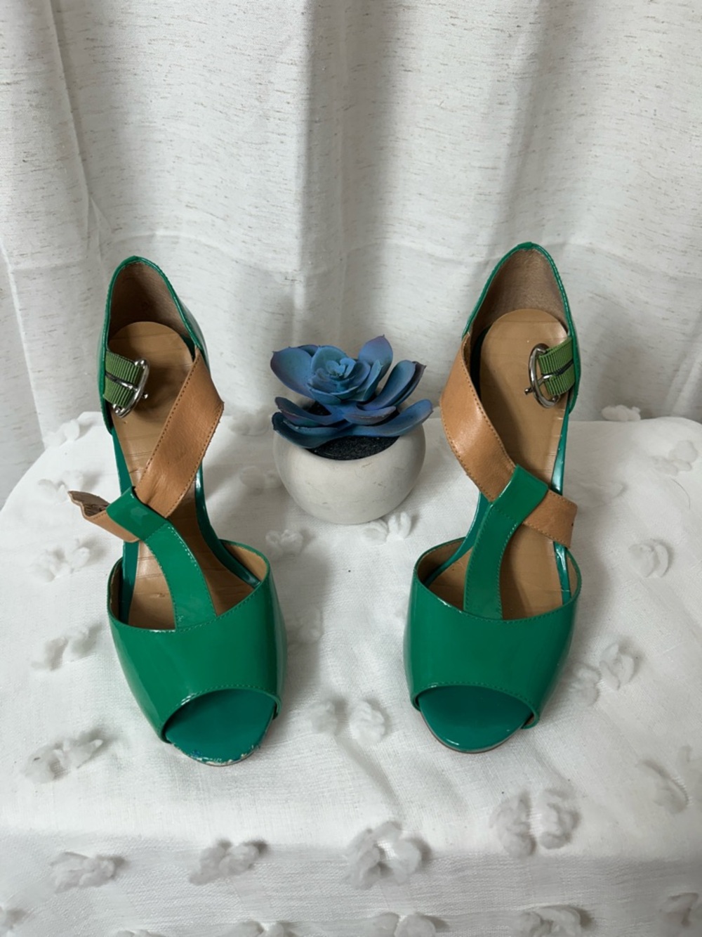Gianni Bini Green Patent Peep-Toe Heels with Tan Straps